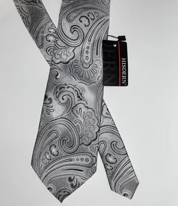NWT HISDERN White Gray Black Paisley Silk Poly Tie - Picture 1 of 5
