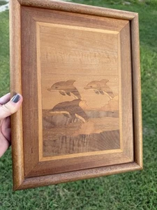 Vintage Marquetry Art Inlaid Wood Dolphins Ocean Beach Framed 10" x 12.5" - Picture 1 of 6