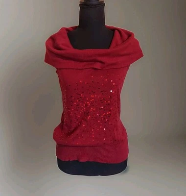 Suéter APT 9 Rojo Sin Mangas Cuello Capucha Lentejuelas Invierno PEQUEÑO Top Acogedor Fiesta Foto 1 de 4