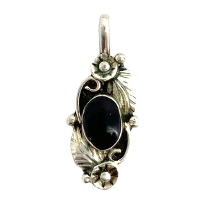 Vintage Signed Sterling Silver Native American Black Onyx Stone Floral Pendant - Picture 1 of 6