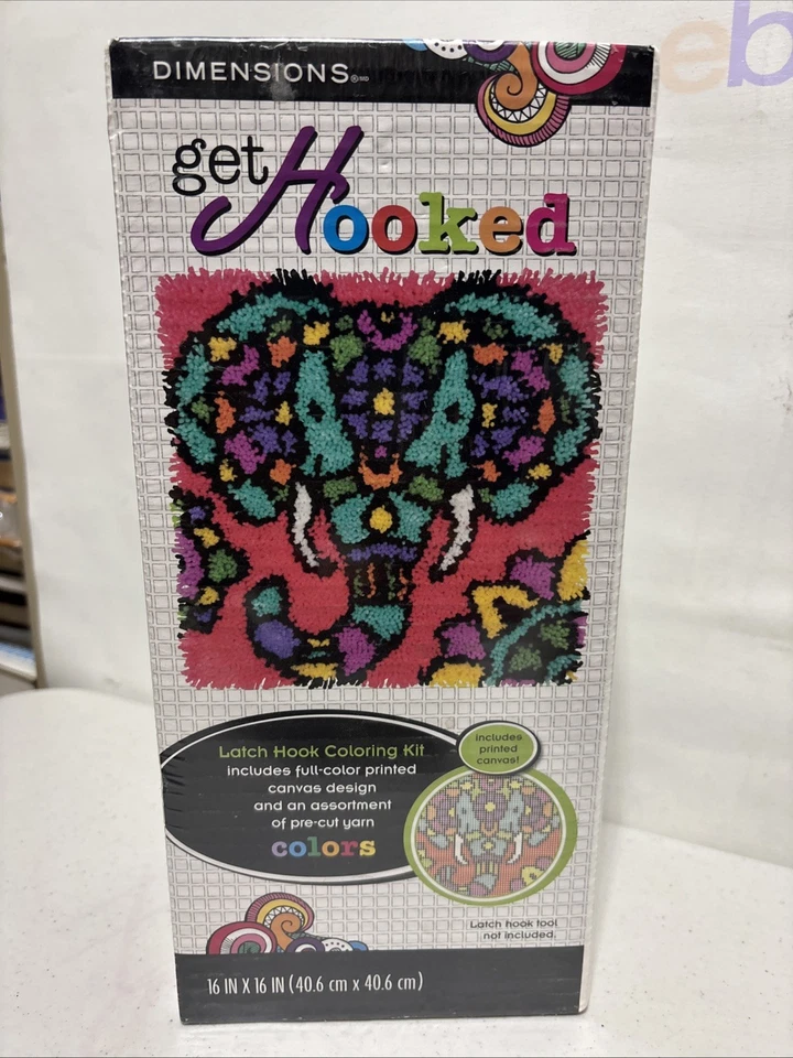 Dimensions Get Hooked Latch Hook Coloring Kit Colorful Elephant 16x16 New - Image 1 of 4