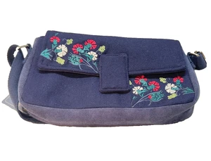 Blue Cotton Embroidered Handbag Evening Shoulder Bag Fair Trade 26cm Flowers - Picture 1 of 7
