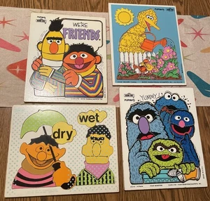 Lot of 4 Vintage Playskool Sesame Street Wood Tray Puzzles 1970s Big Bird & More - Picture 1 of 7