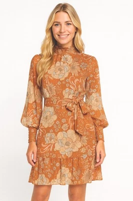 Ryegrass Dress L Shimmer Balloon Sleeve Tie Waist Mock Neck Brown Floral - Image 1 of 4
