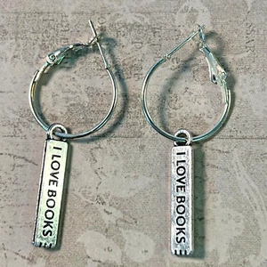 Silver Tone I Love Books Engraved Charms Hoops Dangle Earrings. Librarians. S144 - Picture 1 of 4