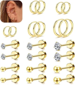Small Hypoallergenic Flat Back Stud Earrings for Women Men 14K Gold Plated Surgi - Picture 1 of 12