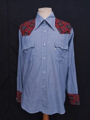 Vtg 70s Levis Chambray Western Shirt Stone Snap Patch Sky Blue Cotton Blend XL - Image 1 of 4