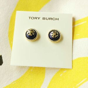 Tory Burch Logo Round Stud Earrings - Rope Gold Blue