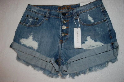 PANTALONES CORTOS VAQUEROS DE MEZCLILLA AZULES para mujer tiro bajo BOTÓN MOSCA puños delanteros desgastados talla 12 Foto 1 de 2