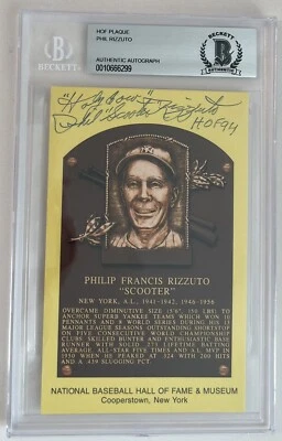 Phil Rizzuto HOF "Holy Cow"  Slabbed  Signed Plaque Postcard BAS Beckett 99 - Image 1 of 2