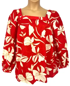 AVA & VIV Red/Cream Floral Top Size 1X Square Neck Long Sleeves/Button Pullover - Picture 1 of 16