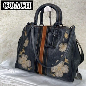 Coach Rogue 20315 Floral Embroidered 2Way Shoulder Handbag – Black Leather - Picture 1 of 10