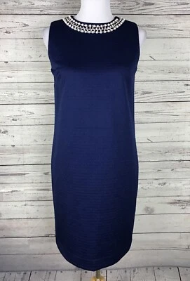 Платье-футляр Adrienne Vittadini синее без рукавов жемчуг украшенное драгоценными камнями вырез размер 4  - Изображение 1 из 4