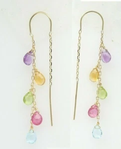 Dangling Threader Earrings Multi Color Semi Precious Real 14K Yellow Gold  - Picture 1 of 7