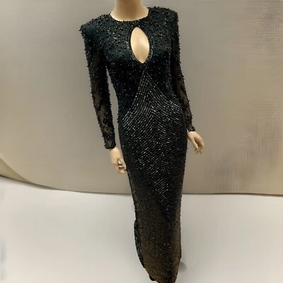 Vintage 1980s Black Silk Beaded Sequin Full Length Pageant Gown Size 4 - Image 1 of 4