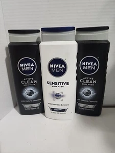 Lot Of 3 Nivea Men 2 DEEP Active Clean Charcoal & 1 Sensitive Body Wash 16.9 Oz - Picture 1 of 6