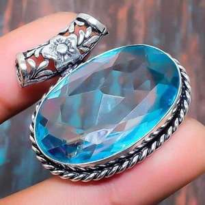 Swiss Blue Topaz Gemstone Handmade Gift Jewelry Pendant 1.18" f962 - Picture 1 of 4