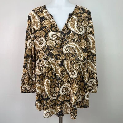 Blusa túnica Babydoll floral cachemira boho negra marrón Ecote Top XS UO para mujer Foto 1 de 4