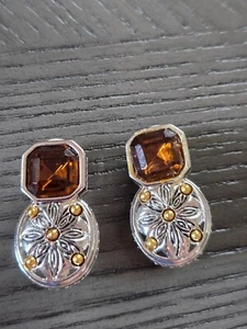 Vintage Signed Joan Rivers Designer Gold/Silver Amber Colored Clip-on Earrings - Picture 1 of 3