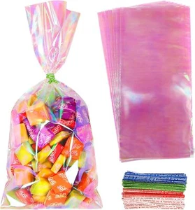 100PCS Iridescent Cellophane Treat Bags,5X11 Inch Holographic Goodie Bags with T - Picture 1 of 3
