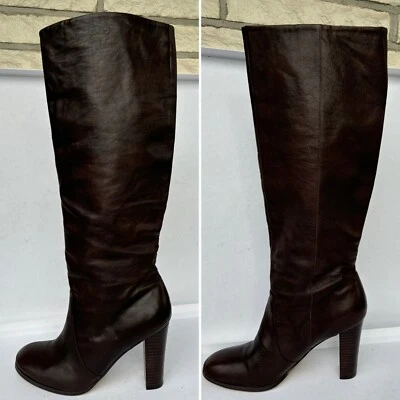 AQUA Straight Up Brown Leather Size 9 Knee High Heeled Boots - Image 1 of 4