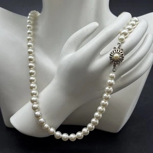 Vintage Sarah Coventry Glass Pearl Necklace Floral Filigree Clasp 24” Classic - Picture 1 of 9