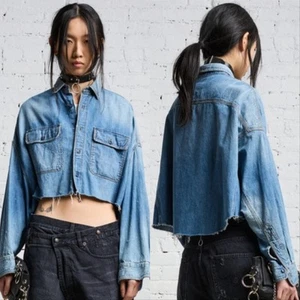 R13 Cropped Denim Oversized Button Down Shirt Top Brindley Blue Womens XS - Picture 1 of 7