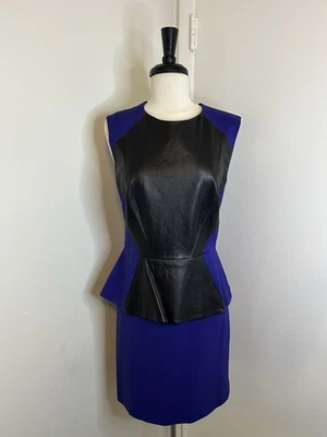 Vestido Nicole Miller Collection Azul/Negro Cuero Genuino Panel Peplum Talla 12 Foto 1 de 4