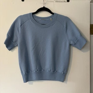 Elie Tahari Tweed Kurzarm Pullover Gr. Medium Blau Minimalistisch 100% Wolle - Bild 1 von 7