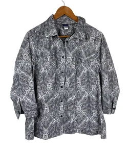 Basic Editions Womens Button Up 3/4 Sleeves Paisley Career Top Black White Sz 1X - Picture 1 of 11