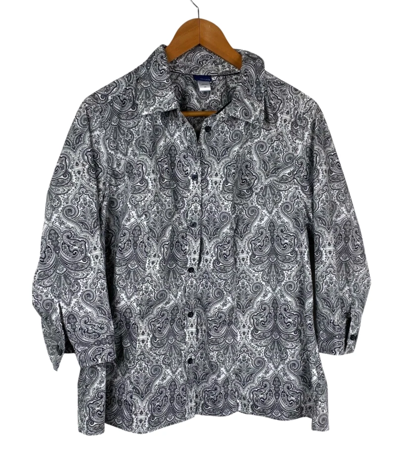 Basic Editions Womens Button Up 3/4 Sleeves Paisley Career Top Black White Sz 1X - Image 1 of 4