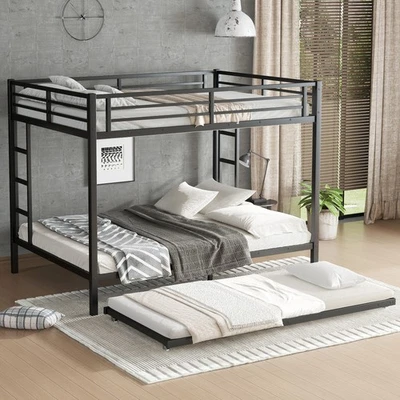 Queen over Queen Metal Bunk Bed w/Twin Size Trundle，Guardrail and Ladder, Black - Image 1 of 4