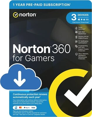 Norton 360 for Gamers Antivirus 2025 3 dispositivos 1 año 5 min entrega por correo electrónico Reino Unido UE
