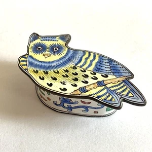 "Caja de esmalte cantón chino vintage búho pintada de cobre pequeña baratija 3,5"" azul" - Imagen 1 de 6