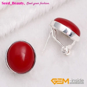 S925 Silver Assorted Gemstones Clip-On Stud Earrings Oval Beads Jewelry Gift - Picture 1 of 25