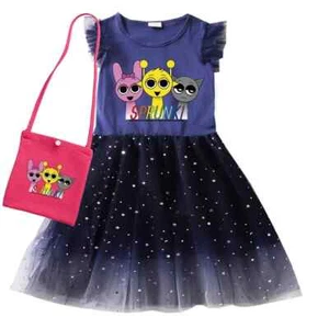 Sprunki- Cartoon Clothes Kids Short Sleeve Dress Baby Girls Incredibox Lace - Picture 1 of 30