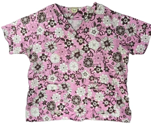 Cottonality Scrub Top Womens 3XL Pink & Brown Floral Print Short Sleeve V-Neck - Picture 1 of 15