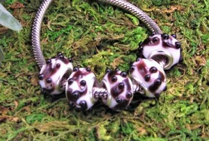 Qty. 5 Bumpy White & Brown Lampwork Glass Silver Plated European Bead Charms - Picture 1 of 2