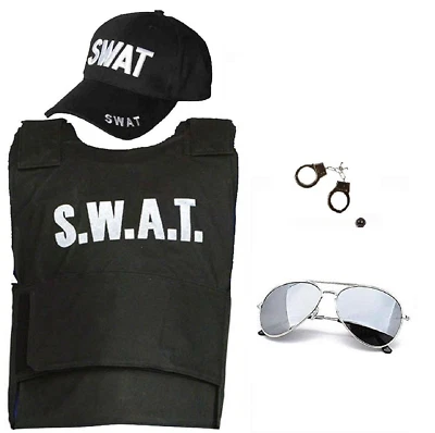WHATCHUSEEK2010 ADULT SWAT POLICE SET VEST GLASSES CAP HANDCUFF UNISEX FANCY DRESS PARTY