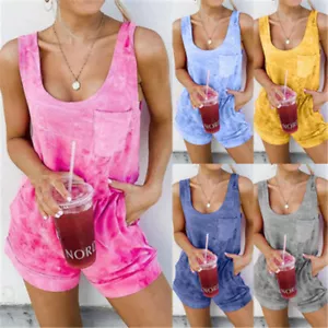 Womens Ladies Retro Overalls Dungarees Tops Pocket Hot Pants Short Jumpsuit UK - Picture 1 of 40