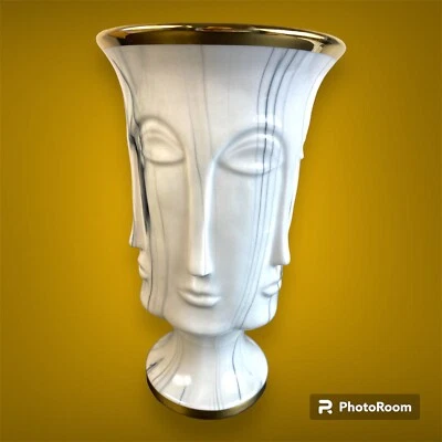 NIB Multi Face Faux White Marble Ceramic Vase 9.75" or 25.5 cm tall Gold Detail - Image 1 of 4