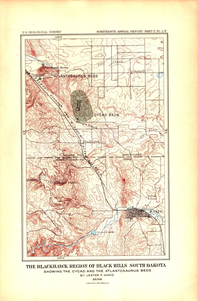REGIÓN BLACKHAWK, COLINAS NEGRAS, DAKOTA SUR Mapa geográfico antiguo 1899 Foto 1 de 1
