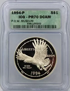 1994 Proof POW Museum Silver Dollar Commemorative - ICG PR70 DCAM !! - Picture 1 of 2