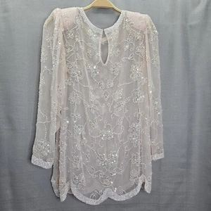 Vintage Markenlos Damen Brustumfang 38" Rosa Perlen Transparent Langarm Bluse - Bild 1 von 8