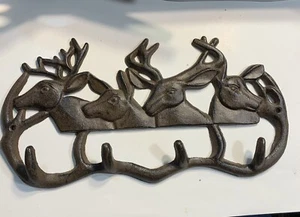 Deer 4 Hook Coat Hanger, Great Hunting Lodge Cabin Decor Metal Brown/Black - Picture 1 of 14