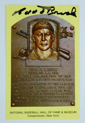 Edd Roush Signed HOF Plaque Postcard Hall of Fame Cincinnati Reds Smear - Image 1 of 3