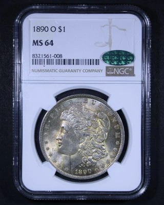 Dólar de plata Morgan 1890-O - $1 NGC MS64 CAC ✅ - Precioso tono arco iris 🌈 Foto 1 de 4