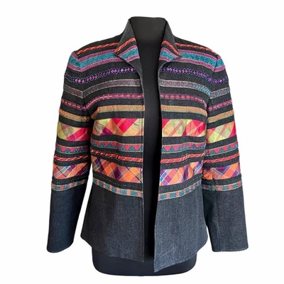 Blazer Coldwater Creek Frente Abierto Algodón Rayas Geométricas Cuentas Lentejuelas Talla 12  Foto 1 de 4
