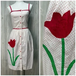 Ava Bergman Swirl VTG 70’s Mod Maxi Designer Polka Dot Tulip Flower Dress 8 - Picture 1 of 14