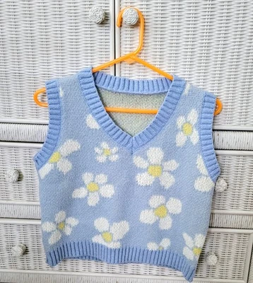 Chaleco Suéter Margarita Recortado Bebé Azul Flores Floral Preppy Talla Juniors Grande Foto 1 de 4